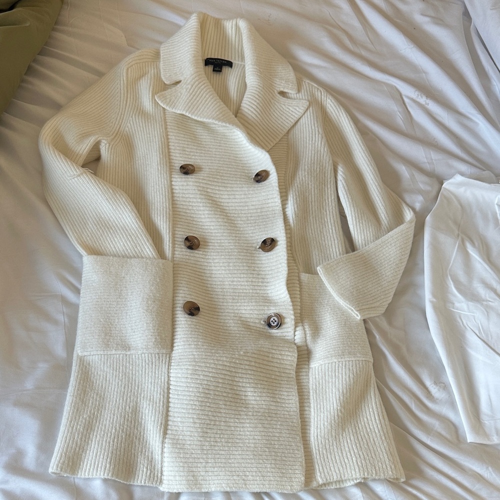 Ann Taylor Cream Ribbed Knit Double Breasted Cardigan Sweater